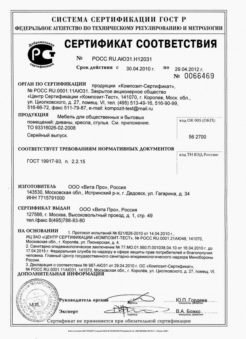Вити Про сертификат соответствия №1